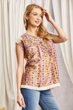 ROUND NECKLINE AZTEC PRINT EMBROIDERY TOP - TAN MULTI COLOR
