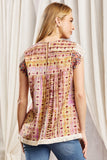 ROUND NECKLINE AZTEC PRINT EMBROIDERY TOP - TAN MULTI COLOR