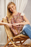 ROUND NECKLINE AZTEC PRINT EMBROIDERY TOP - TAN MULTI COLOR