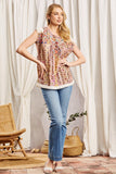 ROUND NECKLINE AZTEC PRINT EMBROIDERY TOP - TAN MULTI COLOR