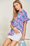 COLLAR NECK MULTI PRINT BUTTON UP TOP - ROYAL HOT PINK