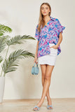 COLLAR NECK MULTI PRINT BUTTON UP TOP - ROYAL HOT PINK