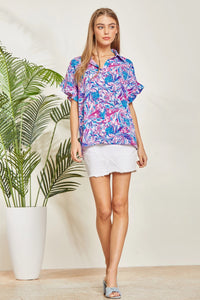 COLLAR NECK MULTI PRINT BUTTON UP TOP - ROYAL HOT PINK