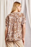 BUBBLE SHORT SLEEVES FLORAL TOP - TAN MULTI COLOR