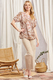 BUBBLE SHORT SLEEVES FLORAL TOP - TAN MULTI COLOR