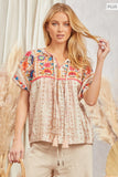 PONCHO EMBROIDERED FLORAL PRINT TOP - TAUPE