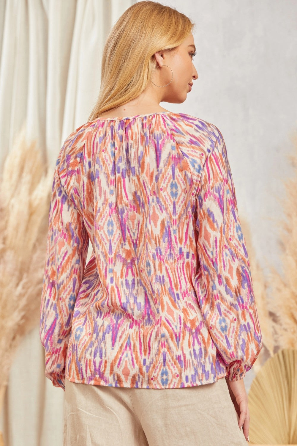 TIE FRONT PUFF SLEEVES EMBROIDERY TOP - MULTI