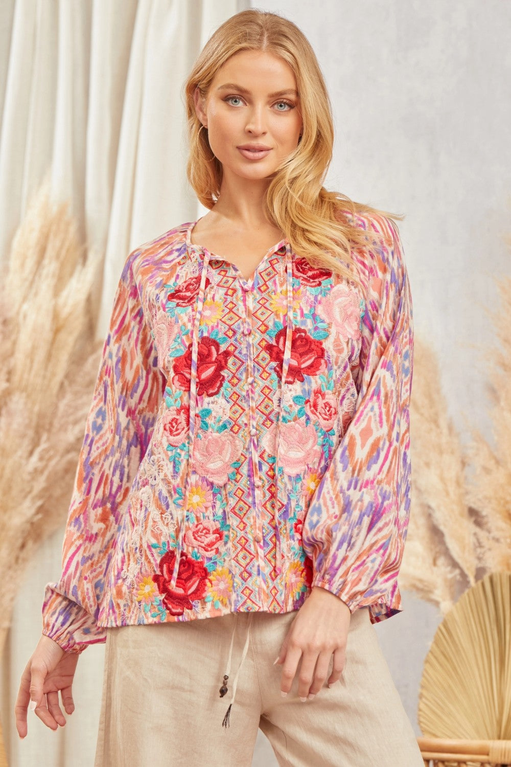TIE FRONT PUFF SLEEVES EMBROIDERY TOP - MULTI