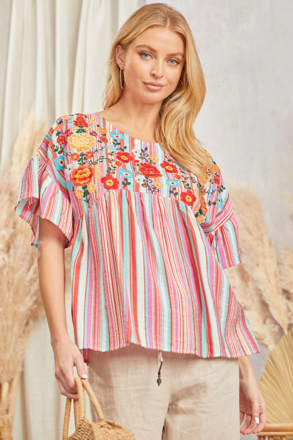 STRIPPED PATTERN FLORAL EMBROIDERY TOP - MULTI