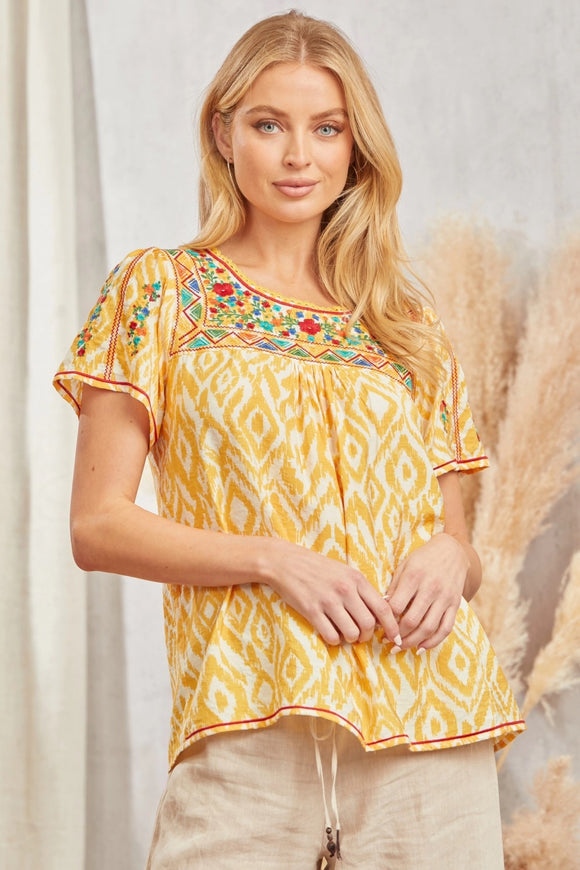 AZTEC PRINTED EMBROIDERY TOP - MARIGOLD
