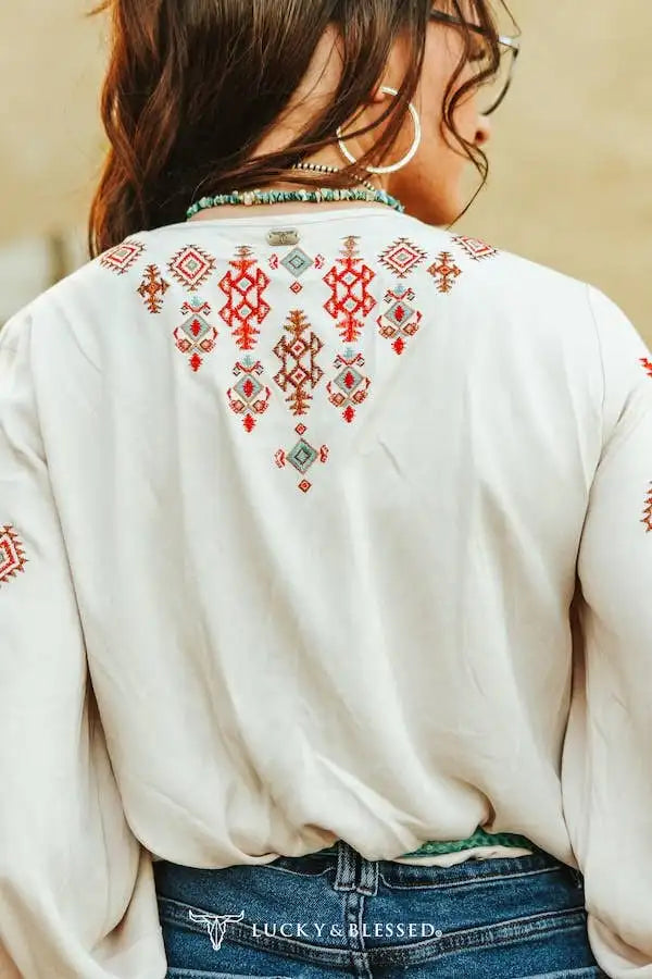 IVORY AZTEC EMBROIDERED LONG SLEEVE ELASTIC WAIST TOP