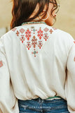 IVORY AZTEC EMBROIDERED LONG SLEEVE ELASTIC WAIST TOP