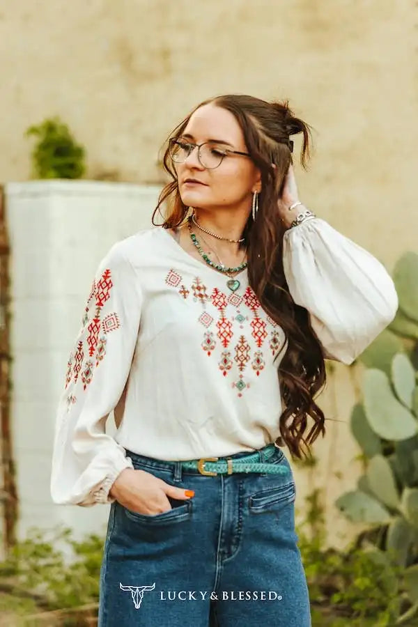 IVORY AZTEC EMBROIDERED LONG SLEEVE ELASTIC WAIST TOP