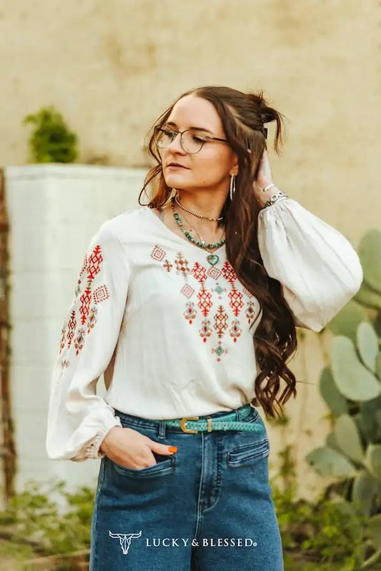 IVORY AZTEC EMBROIDERED LONG SLEEVE ELASTIC WAIST TOP