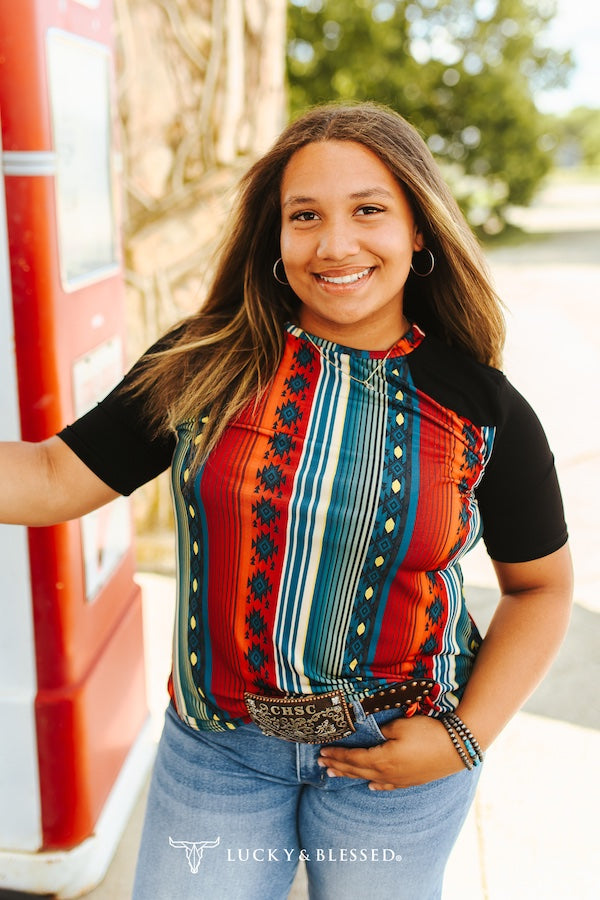 RED BLUE AZTEC W BLACK CONTRAST YOKE SHORT SLEEVE TOP