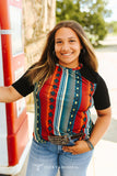 RED BLUE AZTEC W BLACK CONTRAST YOKE SHORT SLEEVE TOP