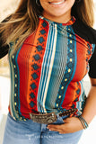 RED BLUE AZTEC W BLACK CONTRAST YOKE SHORT SLEEVE TOP