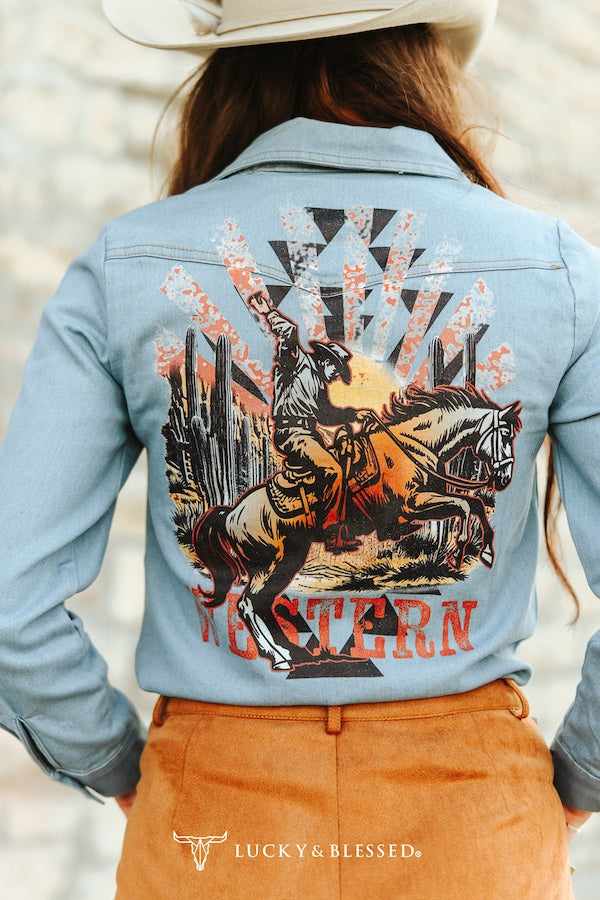 LIGHT WASH STRETCH DENIM LONG SLEEVE WESTERN PRINTED SHIRT