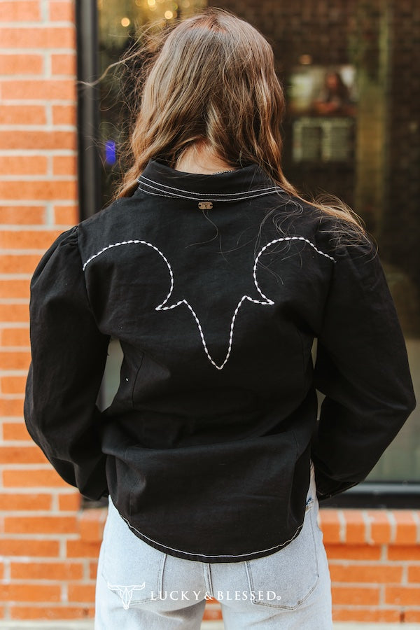 BLACK DENIM STRETCH CONTRAST EMBROIDERED PUFF LONG SLEEVE SHIRT
