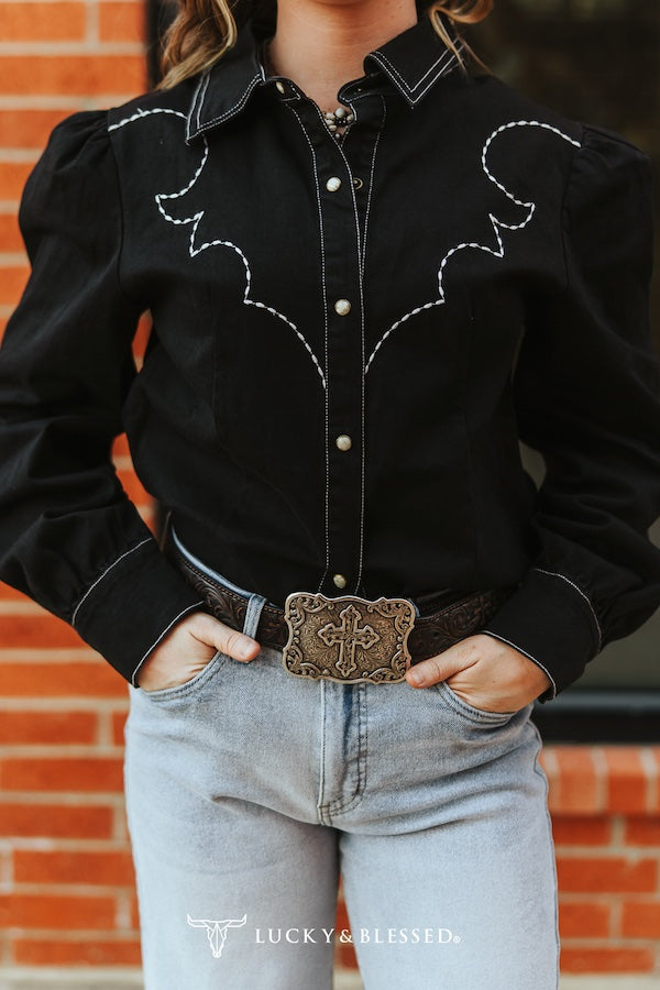 BLACK DENIM STRETCH CONTRAST EMBROIDERED PUFF LONG SLEEVE SHIRT