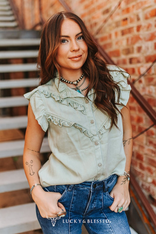 MINT CONCHO BUTTON DOWN RUFFLE VINTAGE SHIRT