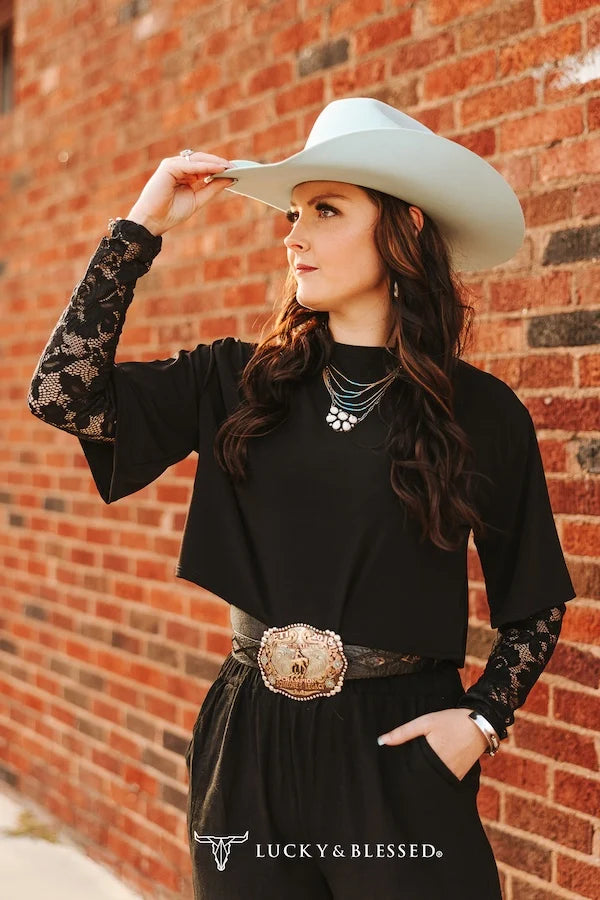 BLACK RELAXED FIT SHIRT WITH RED LACE SLEEVES