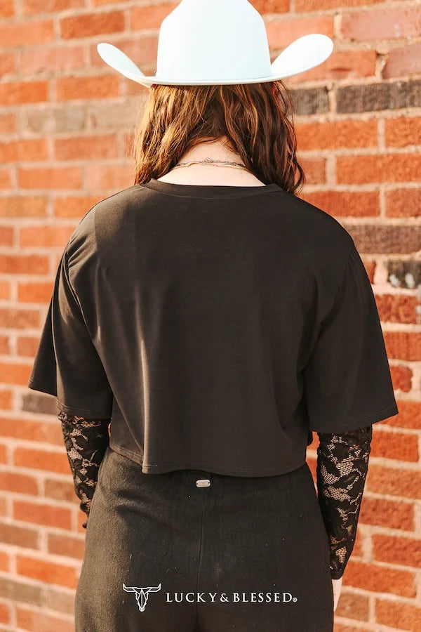 BLACK RELAXED FIT SHIRT WITH RED LACE SLEEVES