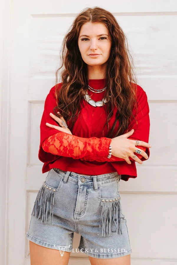 RED RELAXED FIT SHIRT WITH RED LACE SLEEVES