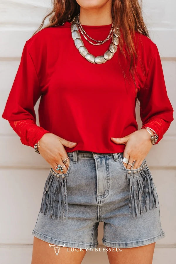 RED RELAXED FIT SHIRT WITH RED LACE SLEEVES