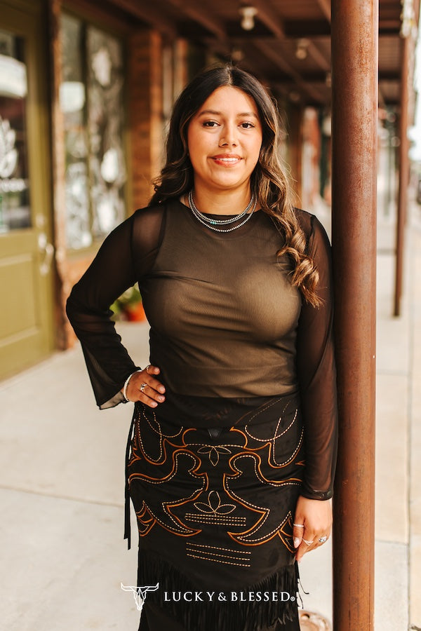 BLACK LONG SLEEVE MESH TOP
