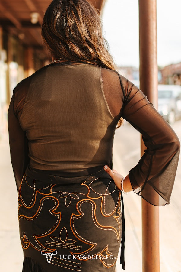 BLACK LONG SLEEVE MESH TOP