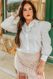 IVORY PEARL SNAP PUFF SLEEVE STUDDED SHIRT