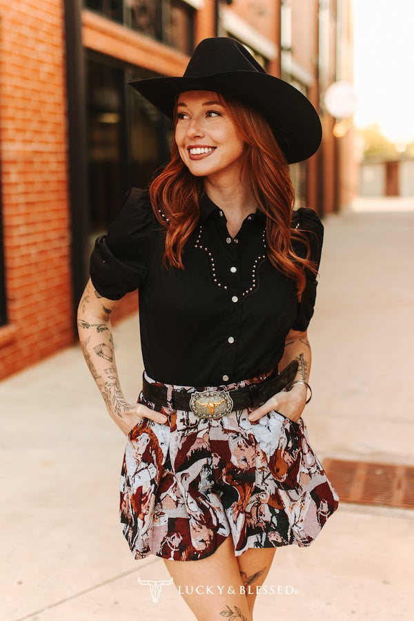 BLACK SHORT PUFF SLEEVE WESTERN STUDDED YOKE SHIRT