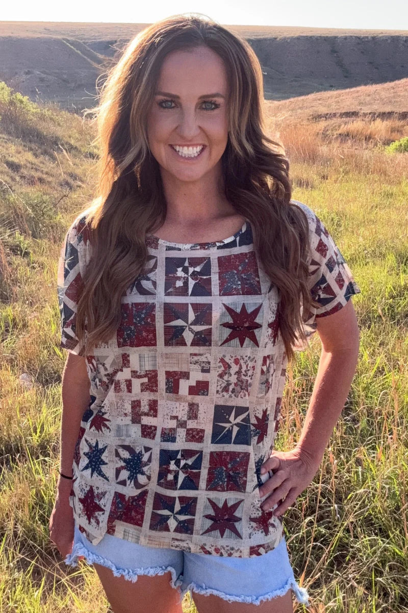 PATCHWORK PATRIOT MESH TOP