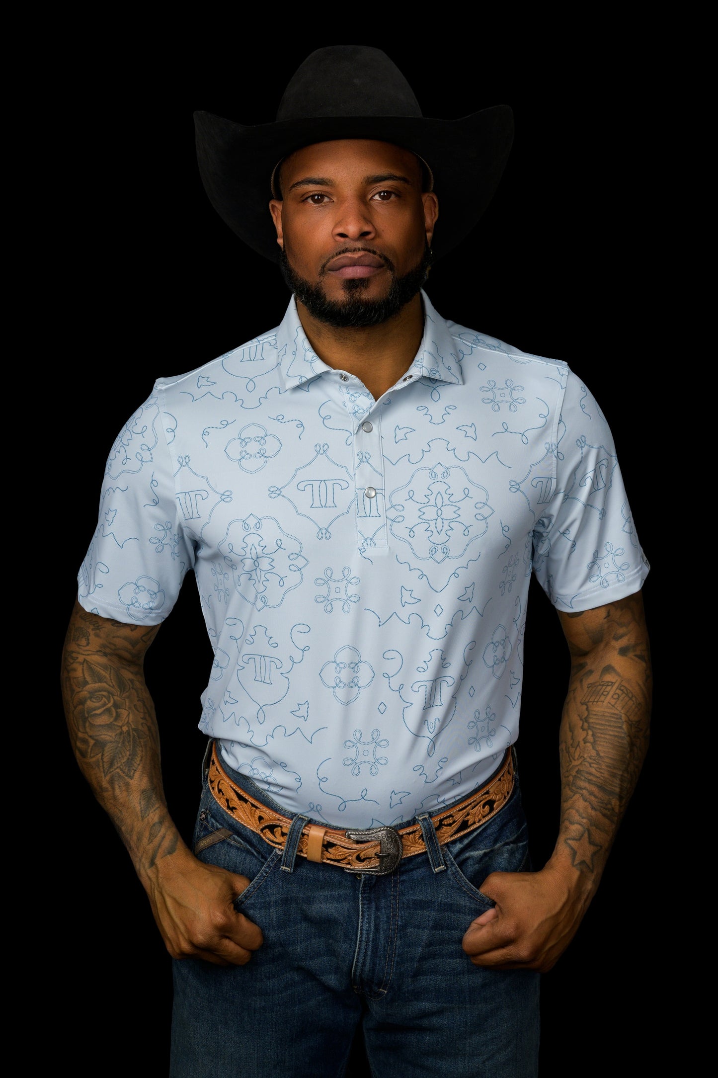 FERRELL MEN'S THE MICRO CARSON PEARL SNAP POLO - LIGHT BLUE