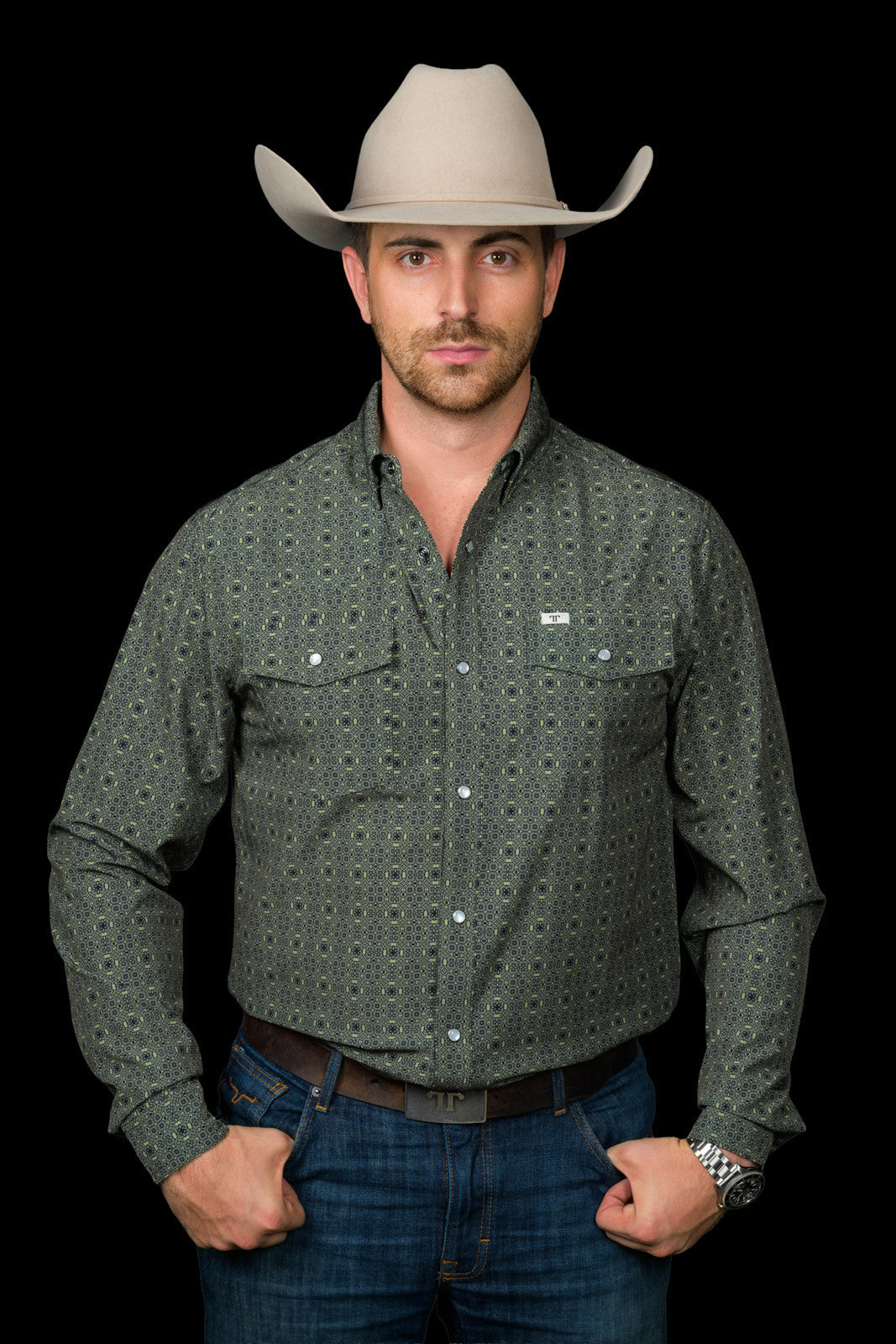 FERRELL MEN'S THE LAWSON LONG SLEEVE PEARL SNAP SHIRT IN GREEN