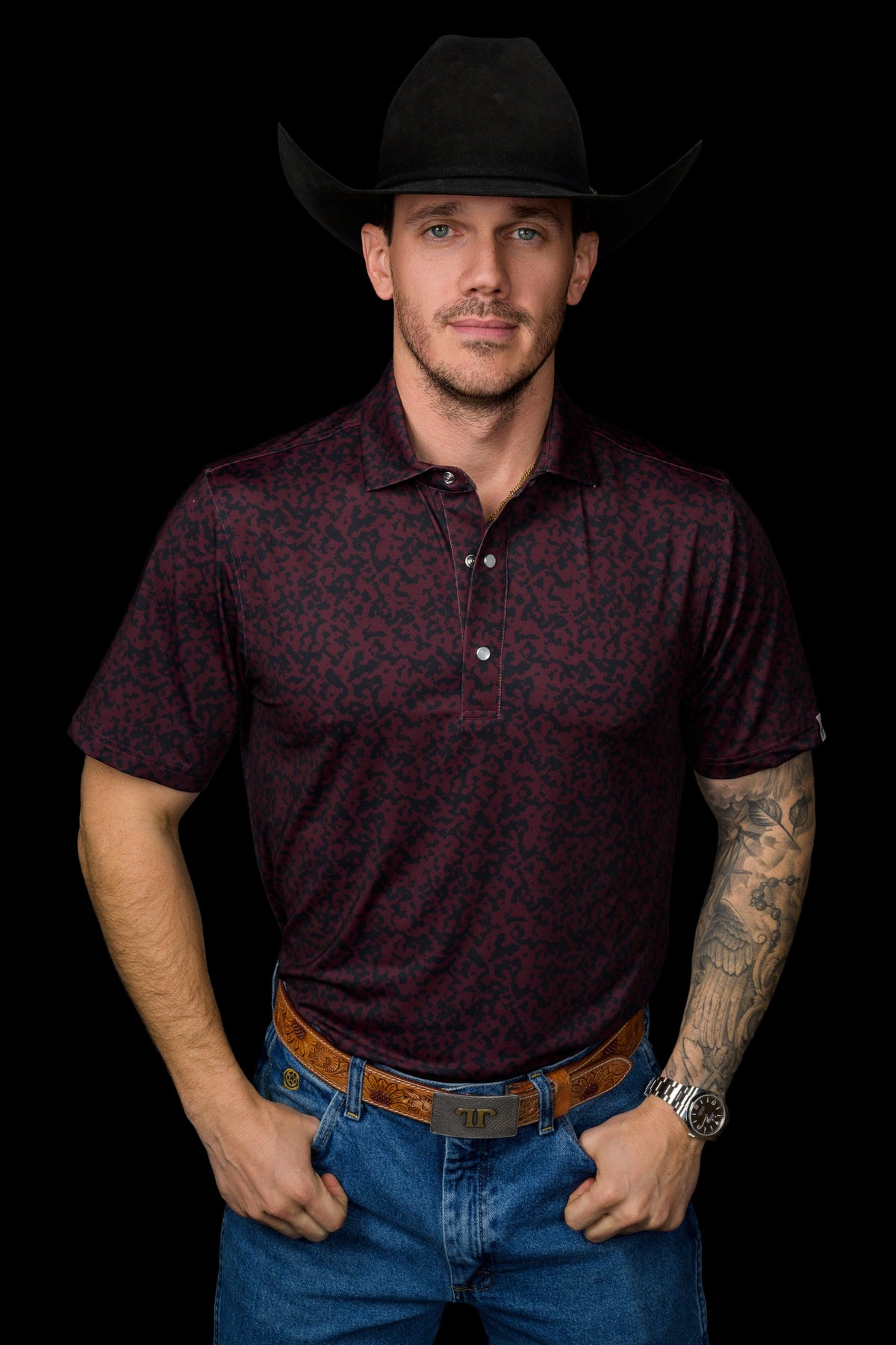 FERRELL MEN'S THE GRANT CAMO PEARL SNAP POLO - MAROON
