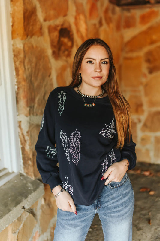 BOOT STITCHED WESTERN PRINTED ROUND NECK PULL OVER NAVY SWEATER