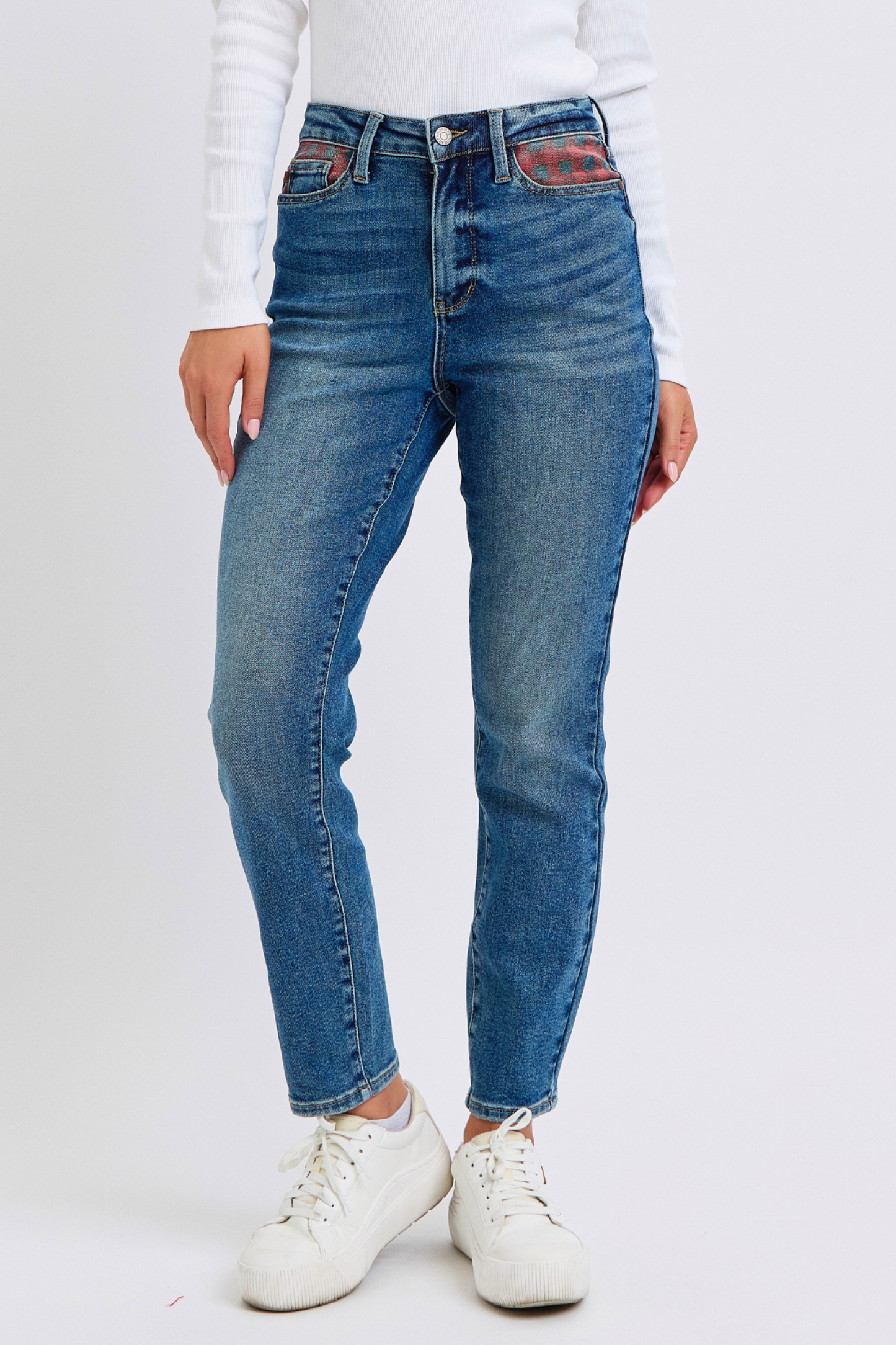 JUDY BLUE HIGH WAIST PLAID PATCH SLIM JEAN -  MEDIUM STONE
