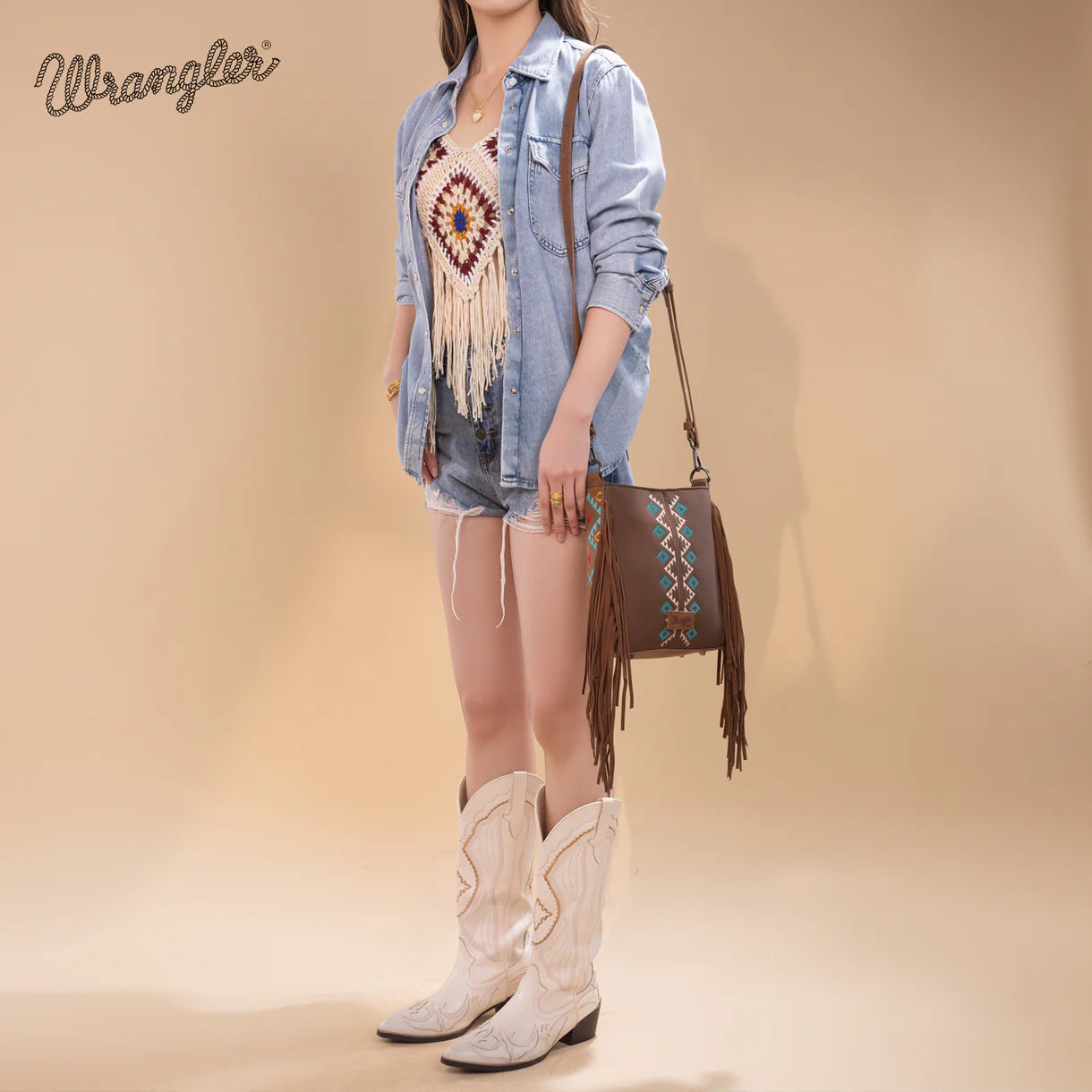 WRANGLER AZTEC EMBROIDERED CROSSBODY BAG - BROWN