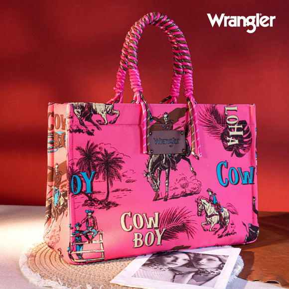 Wrangler COWBOY Dual Sided Print Canvas Wide Tote - Hot Pink