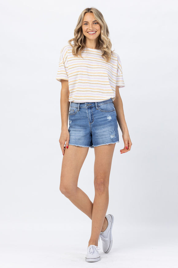 JUDY BLUE HIGH WAIST DISTRESSED SHORTS - MEDIUM STONE
