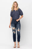 JUDY BLUE MID RISE CROP LEG STRAIGHT JEAN - DARK STONE