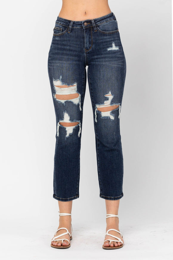JUDY BLUE MID RISE CROP LEG STRAIGHT JEAN - DARK STONE