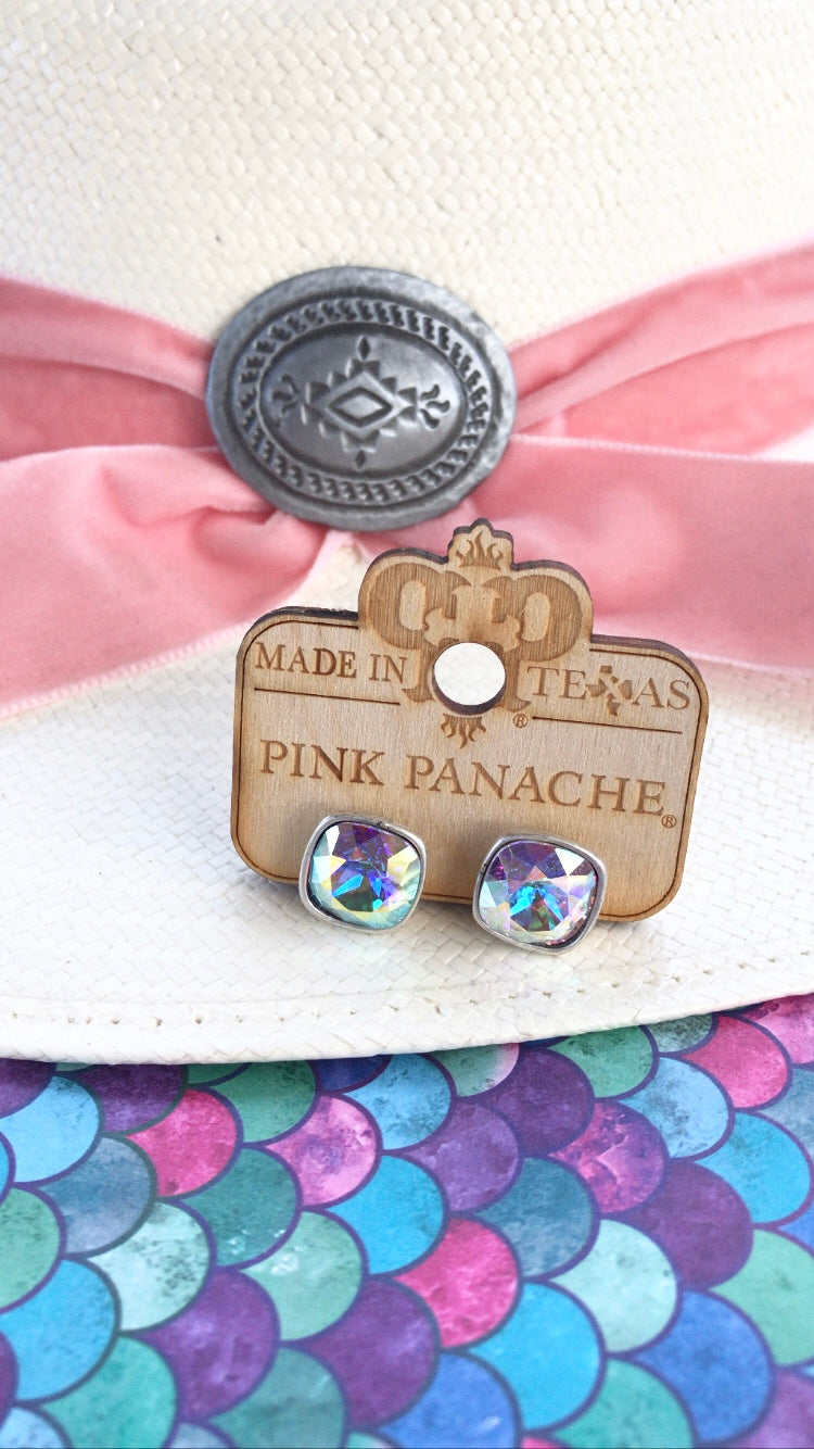 PINK PANACHE SILVER CUSHION CUT STUDS 12MM - E448SAB