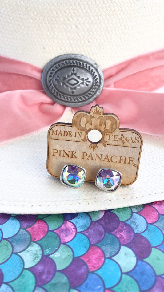 PINK PANACHE SILVER CUSHION CUT STUDS 12MM - E448SAB