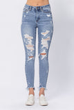 JUDY BLUE HIGH RISE DESTROYED SHARK HEM SKINNY