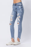 JUDY BLUE HIGH RISE DESTROYED SHARK HEM SKINNY