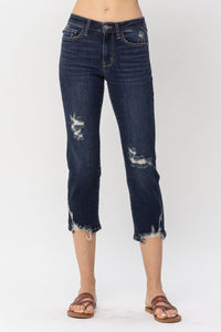 JUDY BLUE MID RISE DESTROYED HEM CROPPED STRAIGHT - DARK STONE