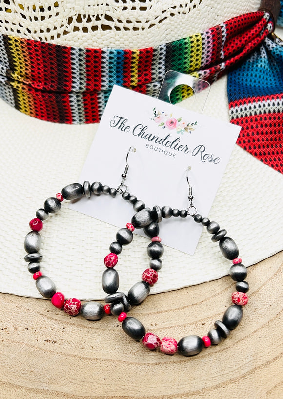 RED STONE WITH NAVAJO PEARL HOOP EARRINGS